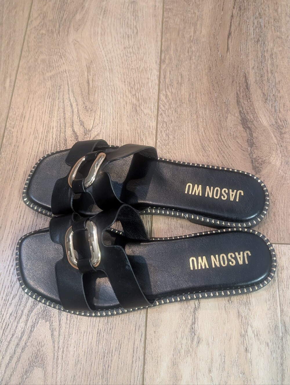 Jason Wu Black Slide Sandals with Silver Buckle Detail